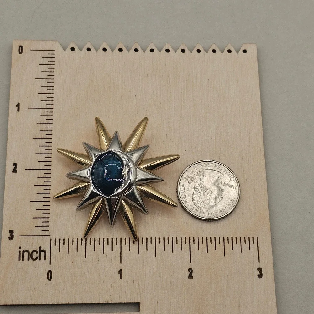 Celestial Sun & Moon Brooch Pin 2pc Gold Silver Tone Blue Enamel Rhinestone